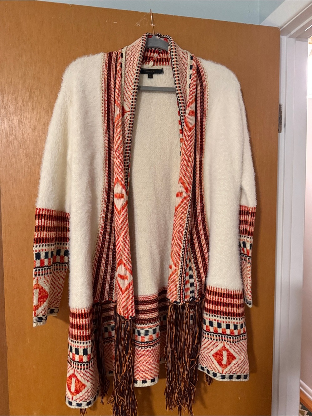 Maxsport Vintage Cream Open-Front boho fringe Cardigan Sweater hippie